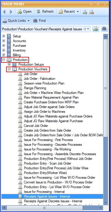 main menu receipt for issue